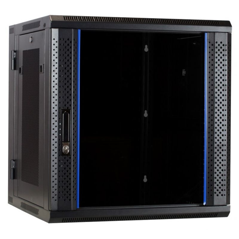 Szafka ścienna 12U (uchylna) z drzwiami szklanymi i perforowanymi panelami bocznymi 600x600x635 mm (szer. x gł. x wys.)