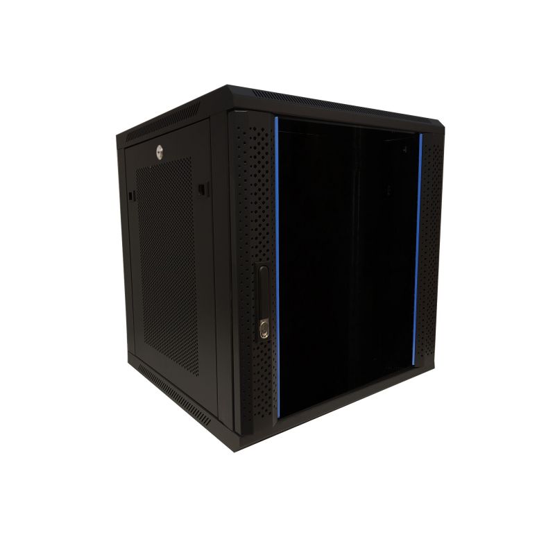 Szafka ścienna 12U z drzwiami szklanymi - perforowane panele boczne 600x600x635mm (szer. x gł. x wys.)
